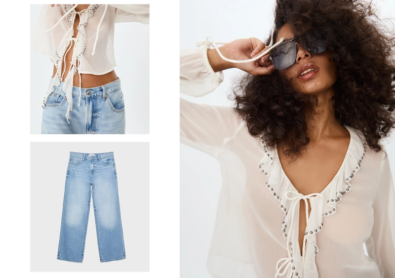 Блузка с вышивкой, воланами и заклепками