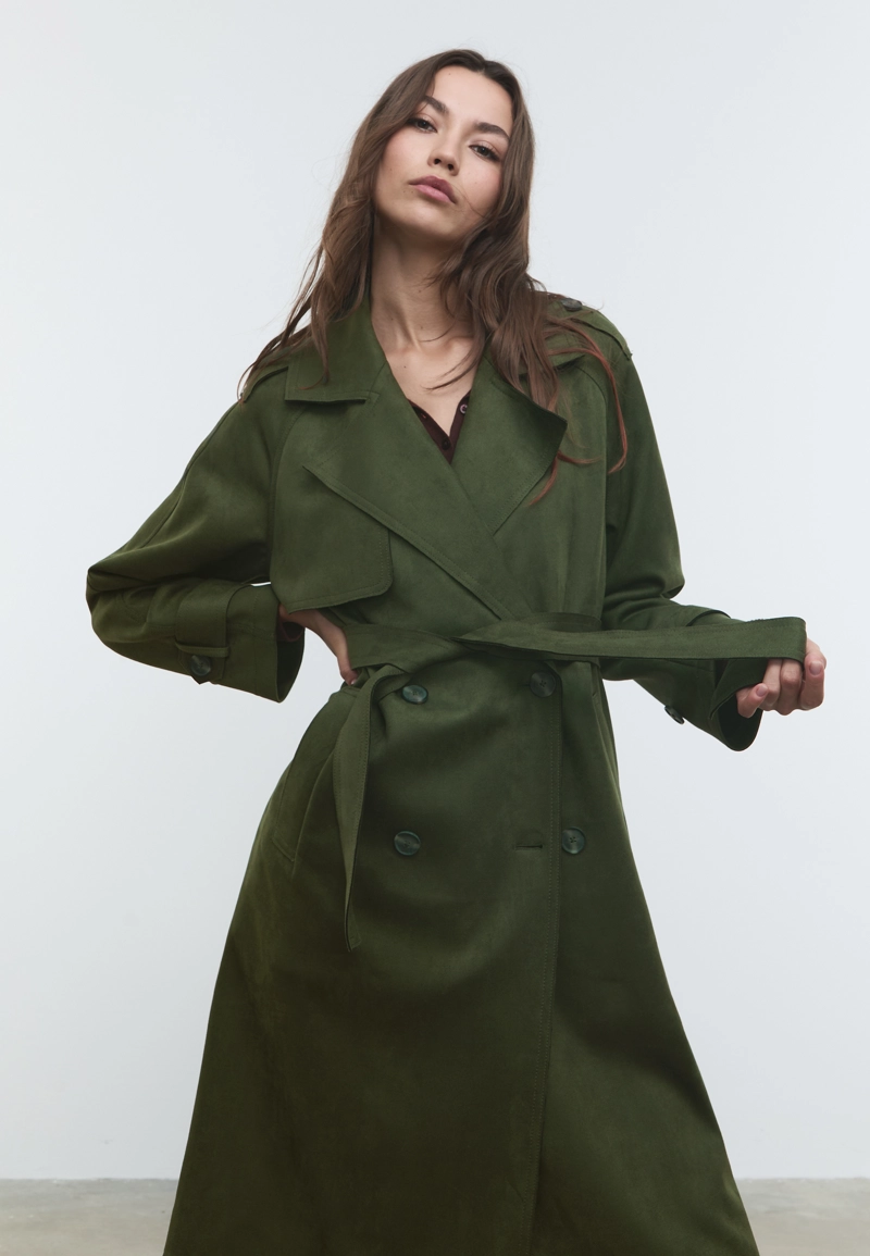 Длинный тренч из искусственной замши