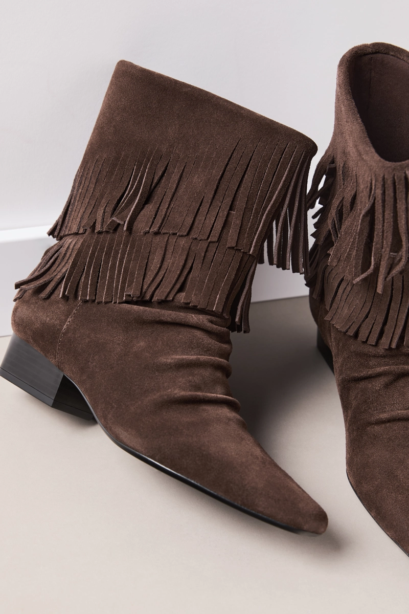 Кожаные ботильоны с бахромой на плоской подошве