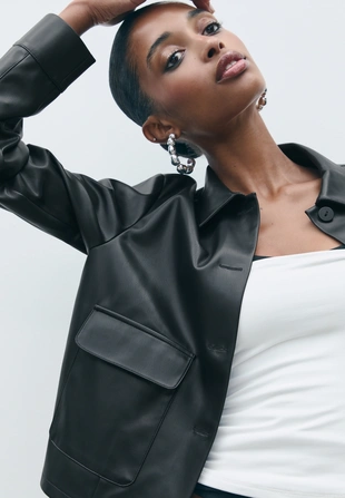 Рубашка с карманами из искусственной кожи- Заказать в России