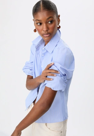 Базовая рубашка в полоску из поплина с рукавами-буфами- Заказать в России