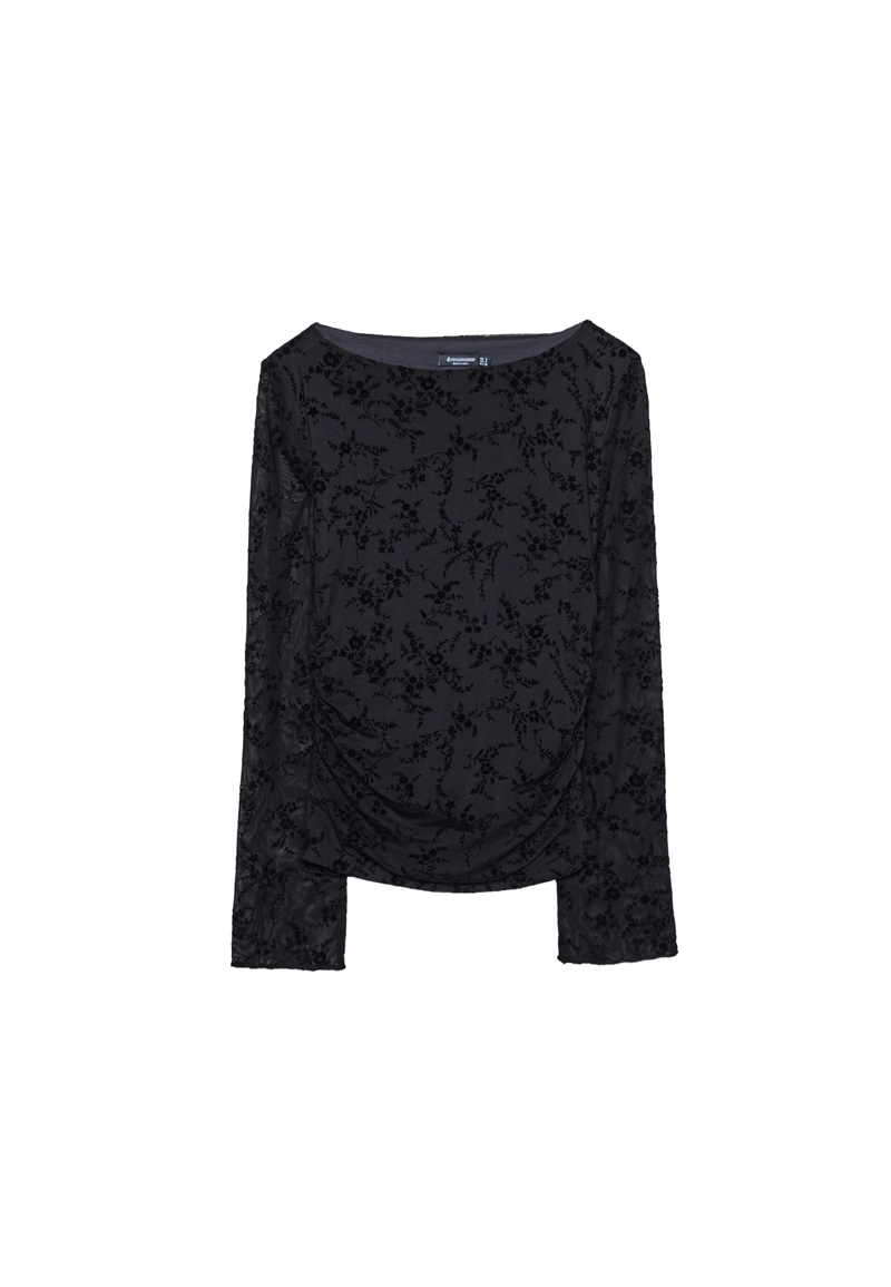 Полупрозрачная футболка со сборками и флоком