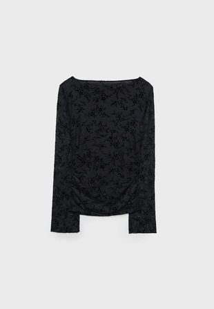 Полупрозрачная футболка со сборками и флоком- Заказать в России