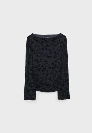 Полупрозрачная футболка со сборками и флоком- Заказать в России