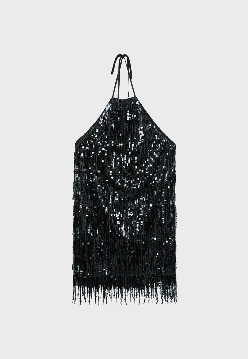 Короткое платье с горловиной халтер с пайетками