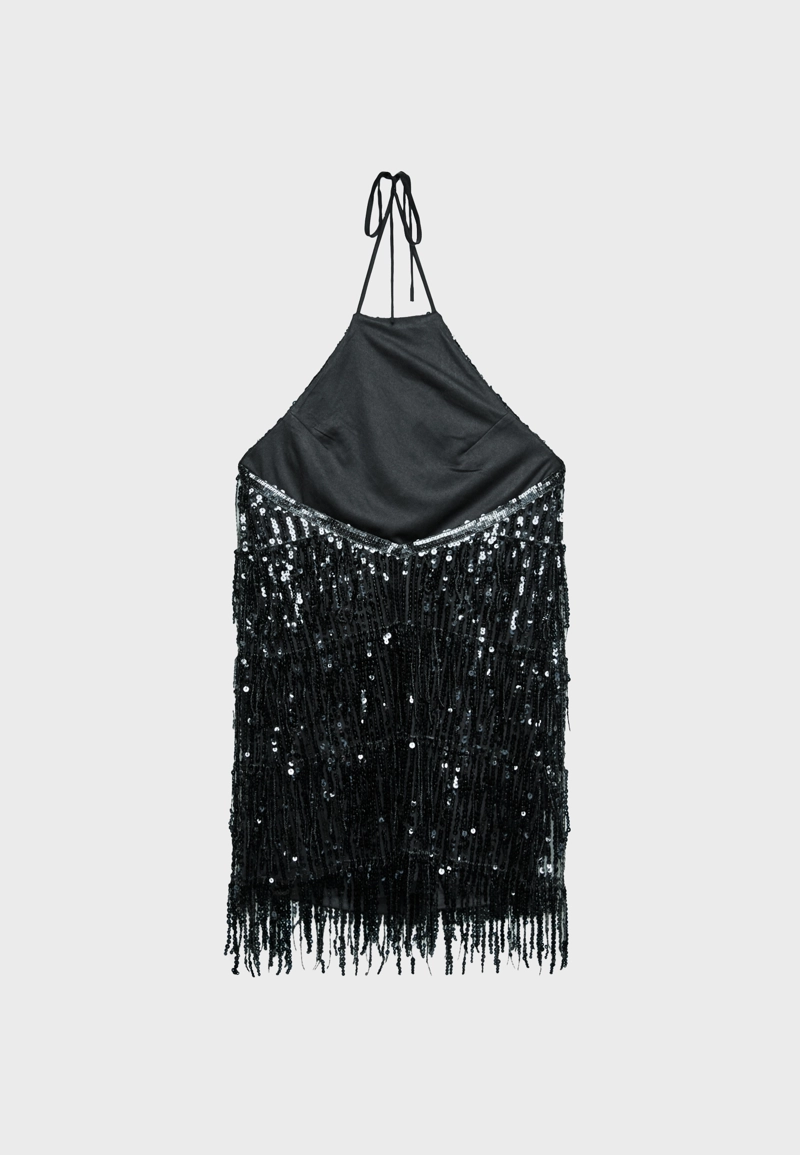 Короткое платье с горловиной халтер с пайетками