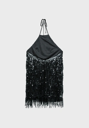 Короткое платье с горловиной халтер с пайетками- Заказать в России