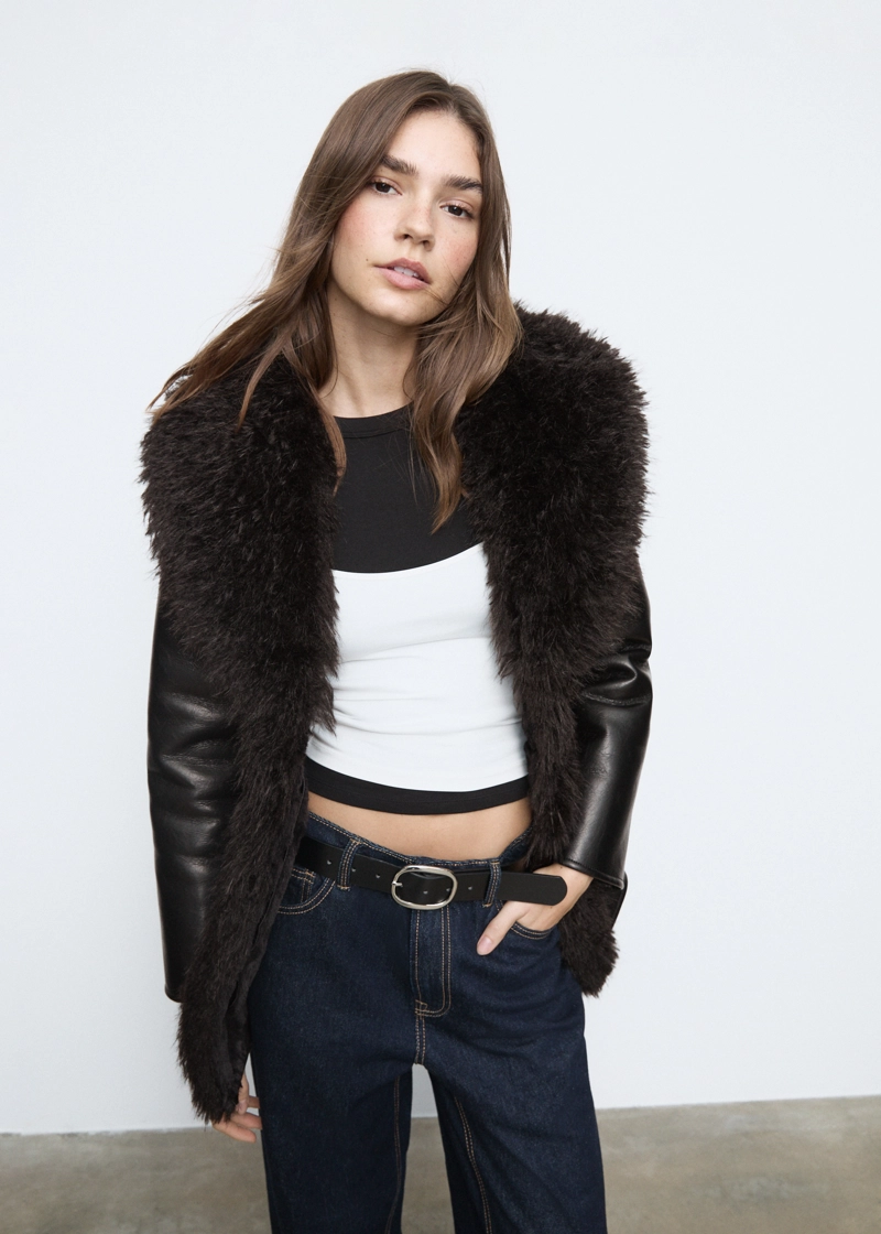 Полупальто из искусственной кожи с длинным ворсом