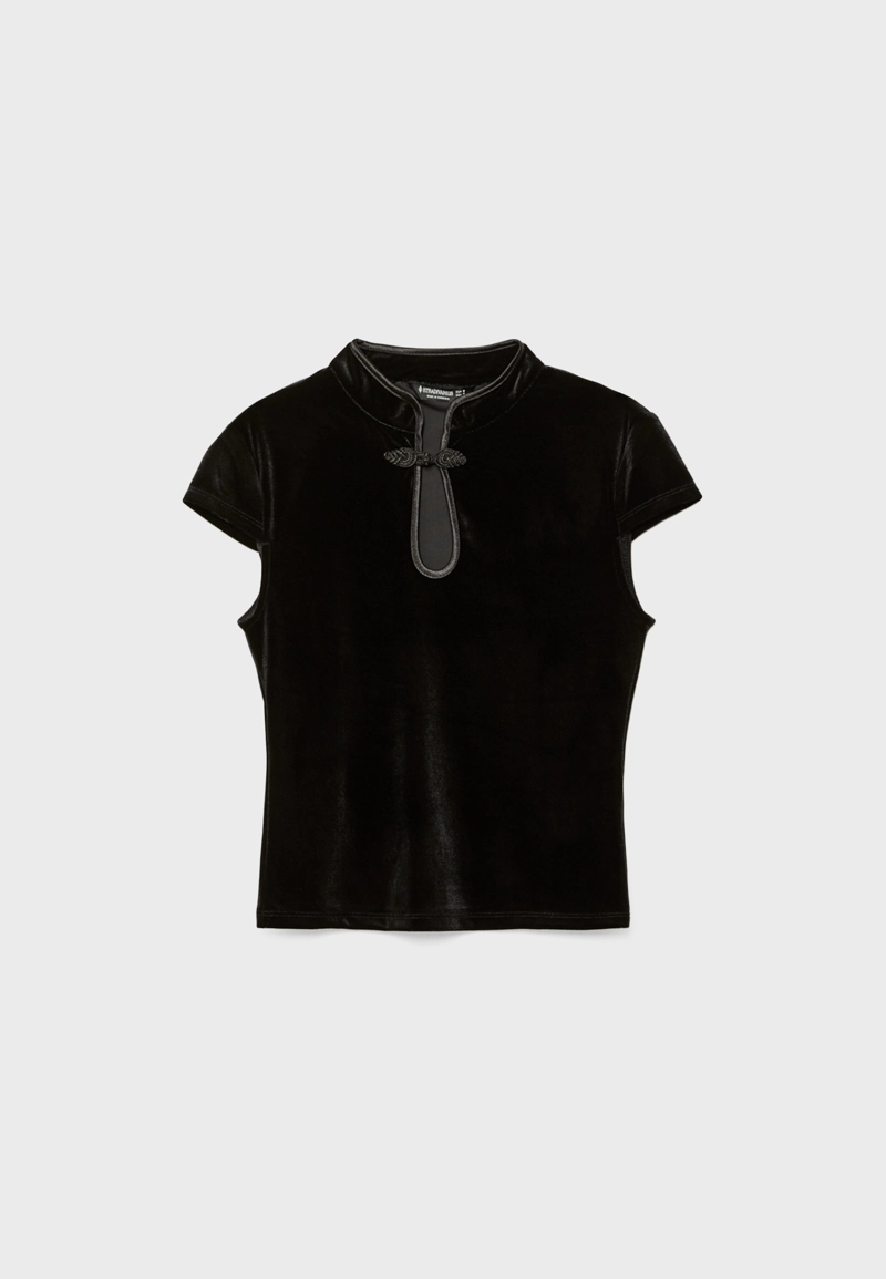 Бархатная футболка с воротником-стойкой ципао