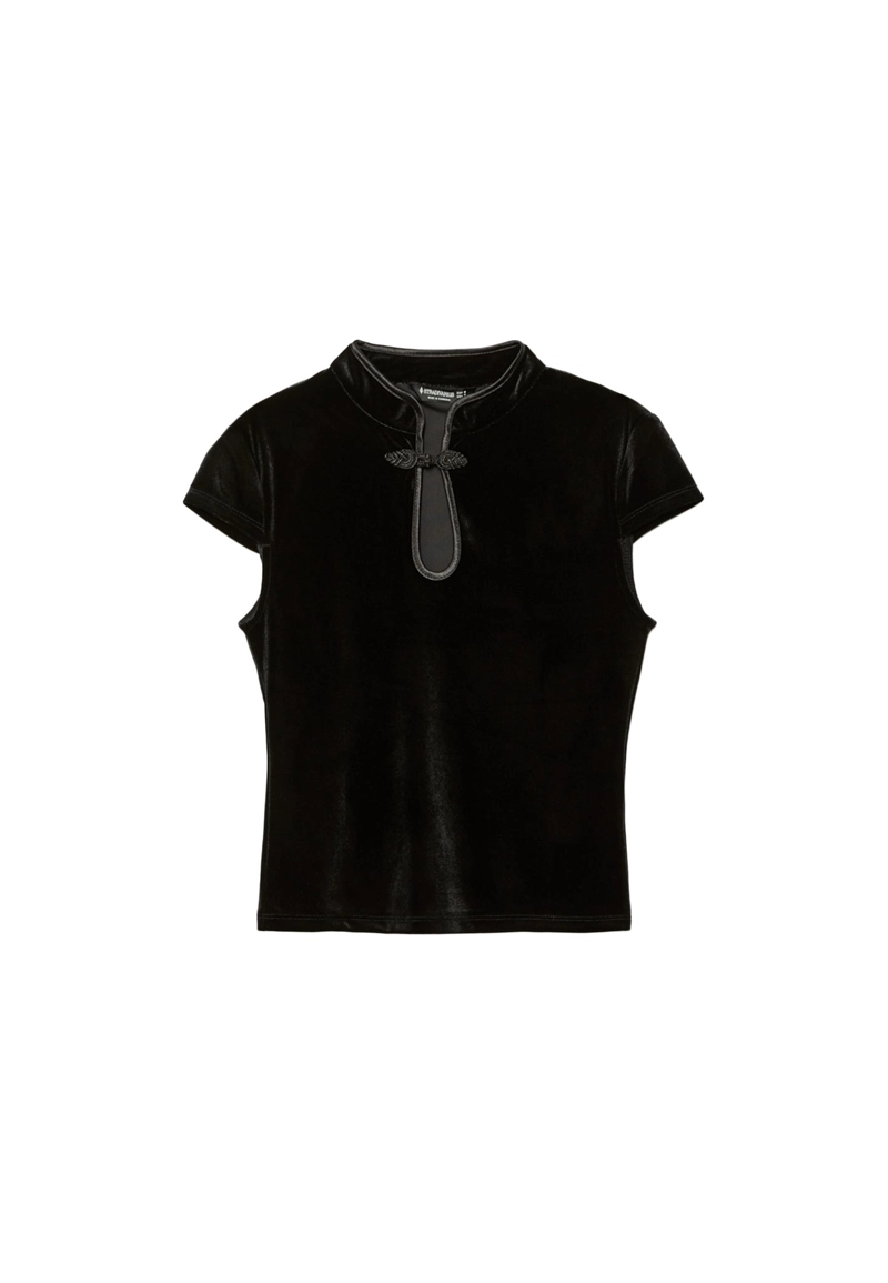 Бархатная футболка с воротником-стойкой ципао