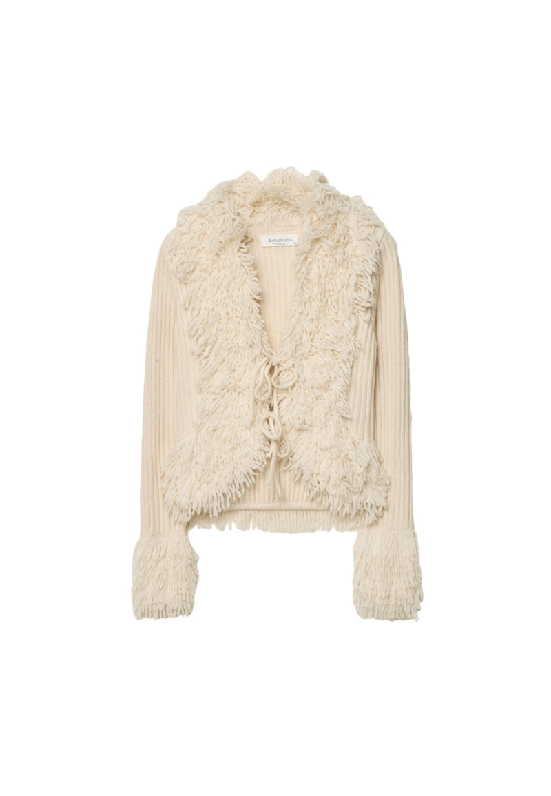 Вязаный жакет с искусственным мехом и завязками