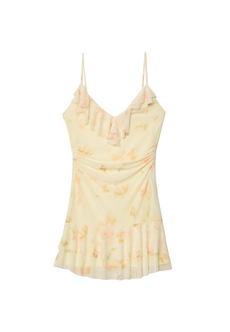 Короткое платье из полупрозрачной ткани с воланами и принтом