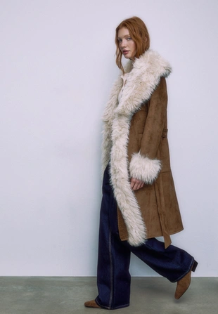 Длинное пальто из искусственного меха с длинным ворсом- Заказать в России