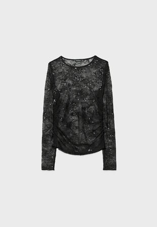 Полупрозрачная футболка со сборками и блестящей отделкой- Заказать в России