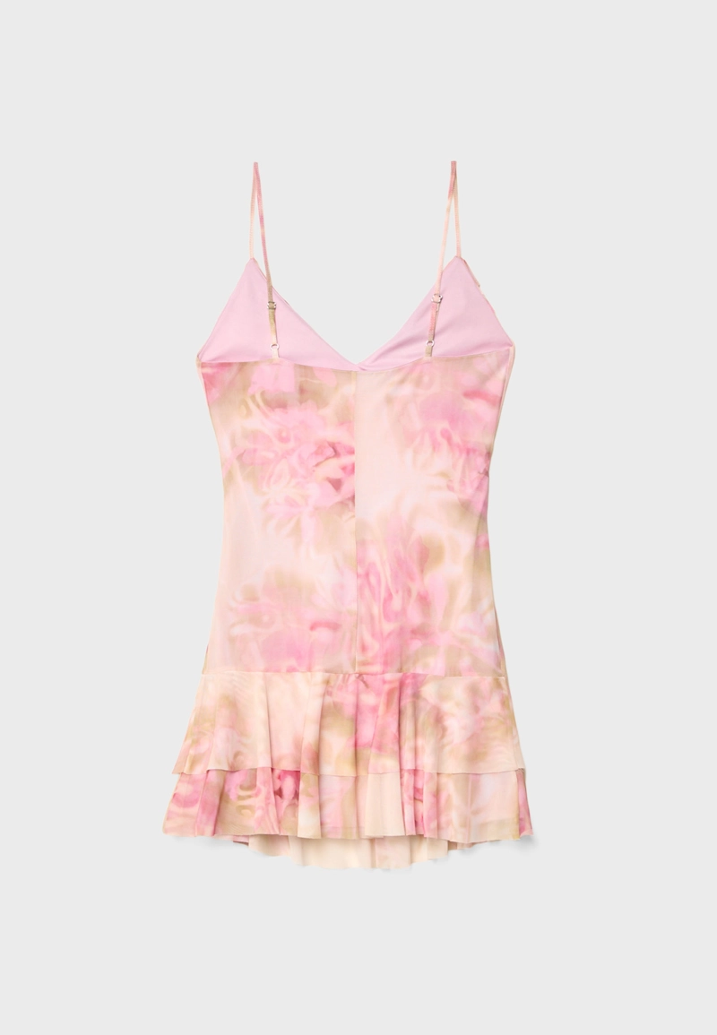 Короткое платье из полупрозрачной ткани с воланами и принтом