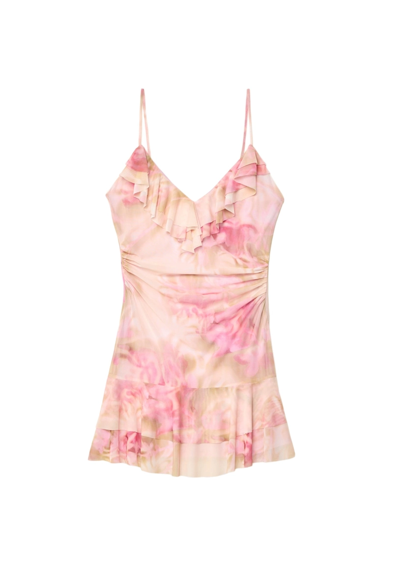 Короткое платье из полупрозрачной ткани с воланами и принтом