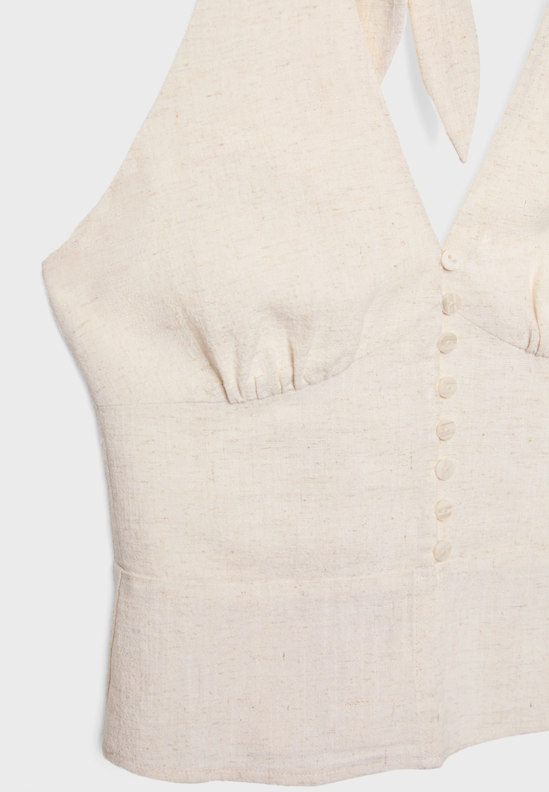 Топ с горловиной халтер на пуговицах с льняной тканью
