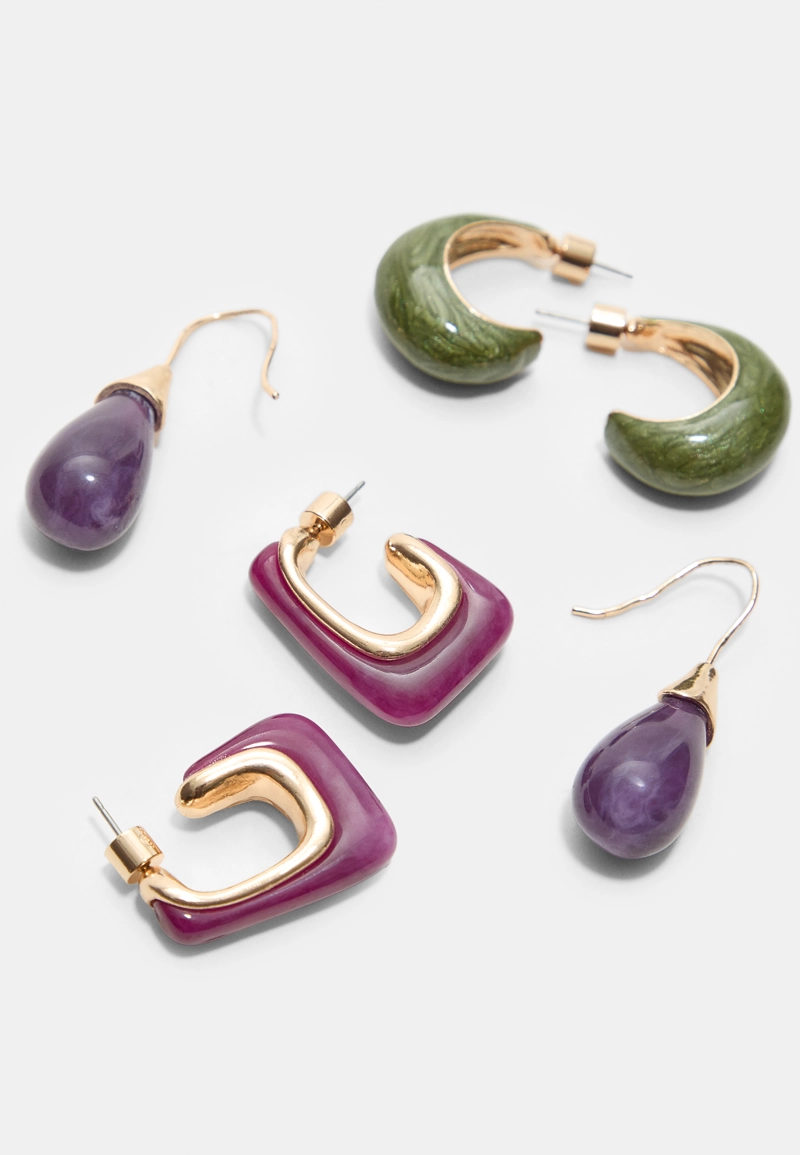 Набор из 3 пар контрастных сережек: колец и капель