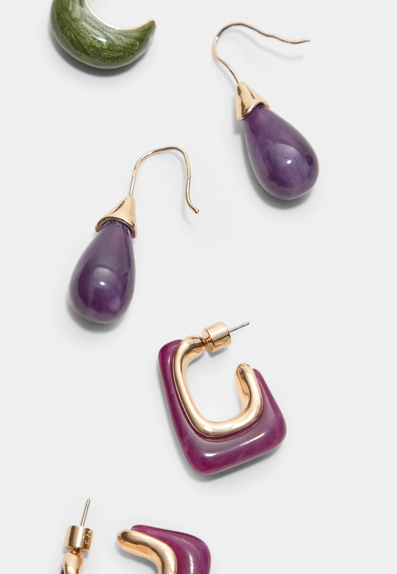 Набор из 3 пар контрастных сережек: колец и капель