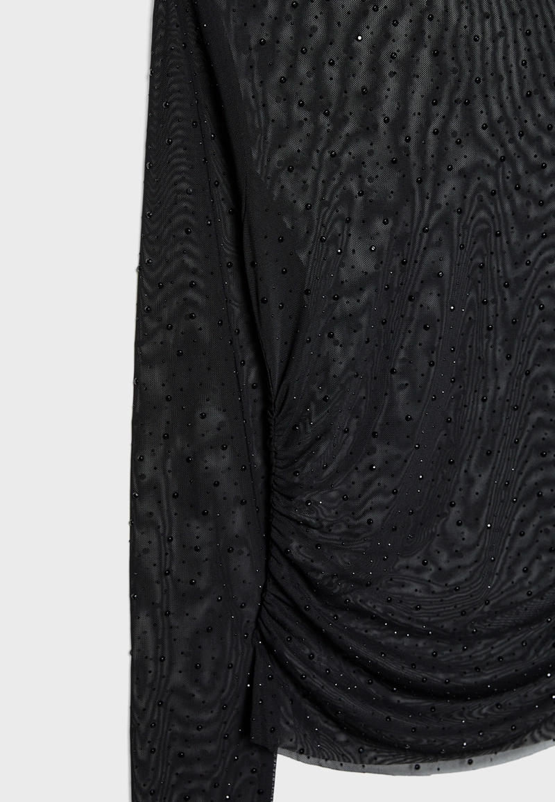 Полупрозрачная футболка с блестящей отделкой и сборками