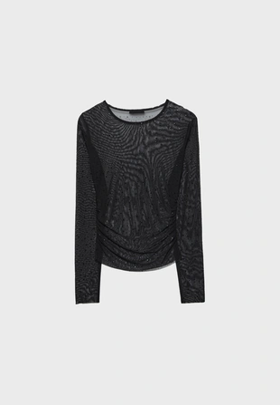 Полупрозрачная футболка с блестящей отделкой и сборками- Заказать в России