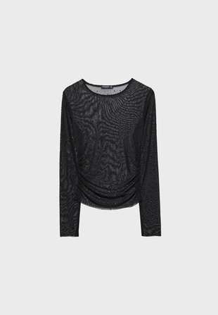 Полупрозрачная футболка с блестящей отделкой и сборками- Заказать в России