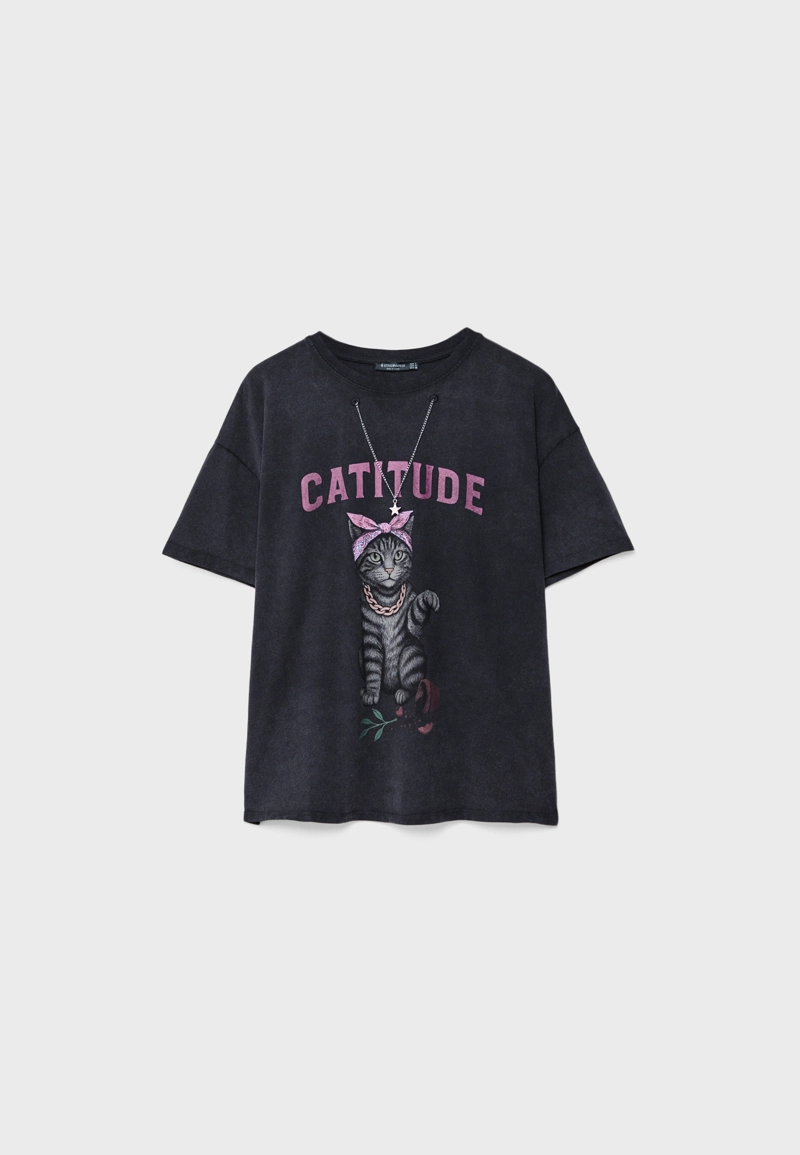 Футболка с принтом Catitude и аппликацией