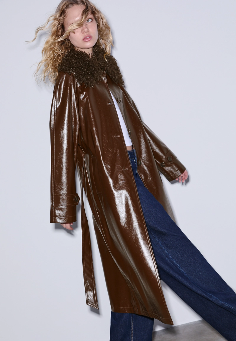Длинный тренч из искусственной кожи