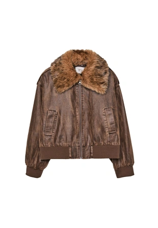 Укороченная комбинированная куртка из искусственного меха- Заказать в России