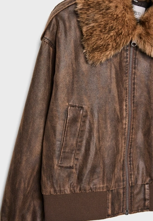 Укороченная комбинированная куртка из искусственного меха- Заказать в России