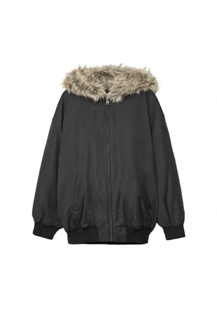 Стеганая куртка-бомбер с капюшоном из искусственного меха- Заказать в России