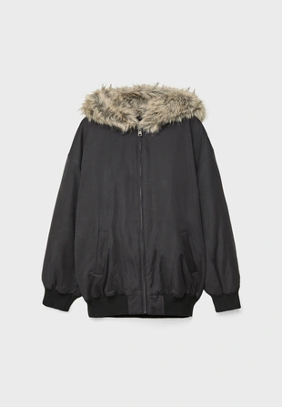 Стеганая куртка-бомбер с капюшоном из искусственного меха- Заказать в России