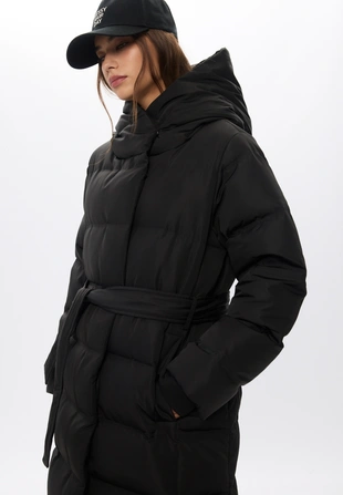 Длинное стеганое пальто на пуху с поясом- Заказать в России