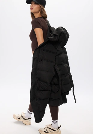 Длинное стеганое пальто на пуху с поясом- Заказать в России