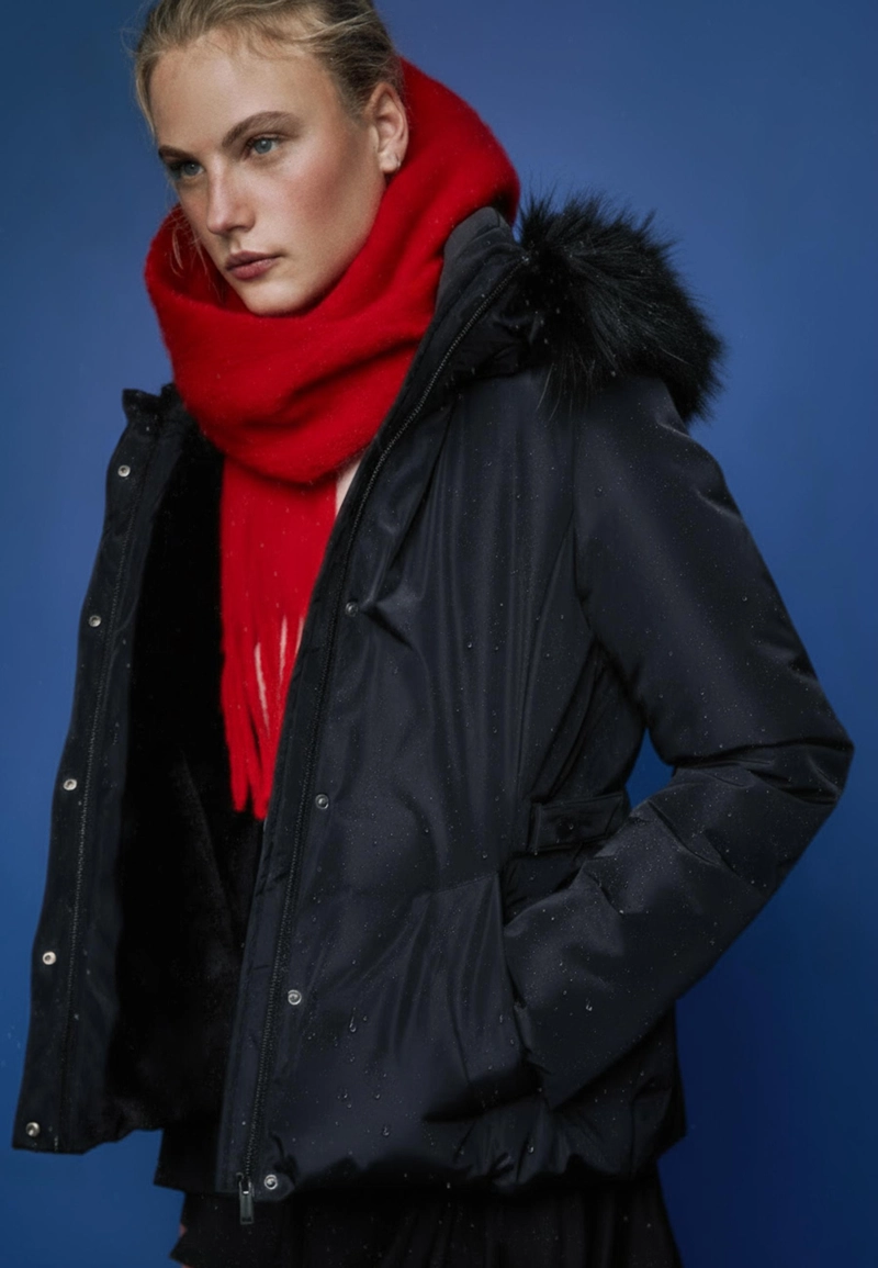 Приталенная стеганая куртка с капюшоном и мехом