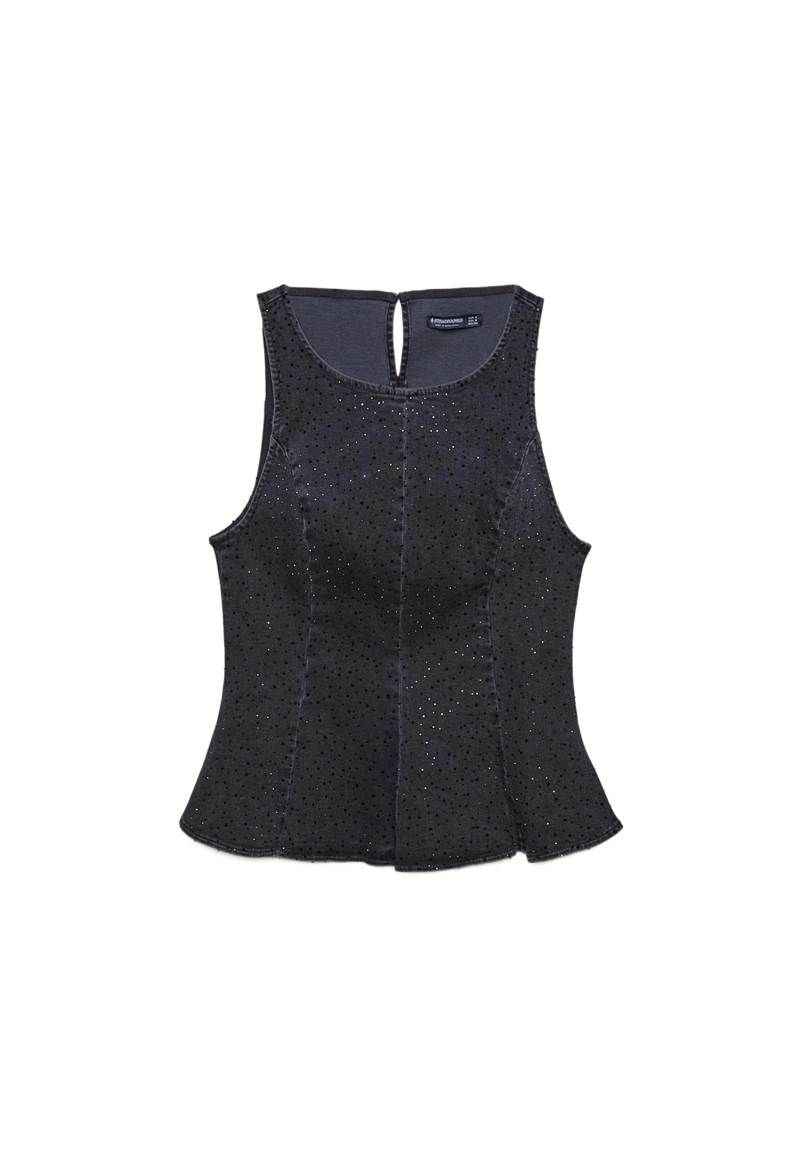 Джинсовый топ с баской и блестящей отделкой