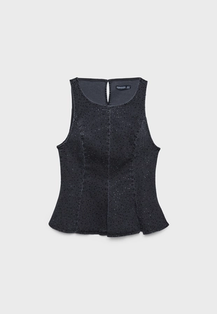 Джинсовый топ с баской и блестящей отделкой- Заказать в России