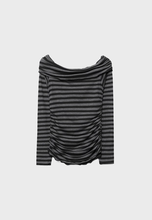 Футболка в полоску с открытыми плечами и сборками- Заказать в России