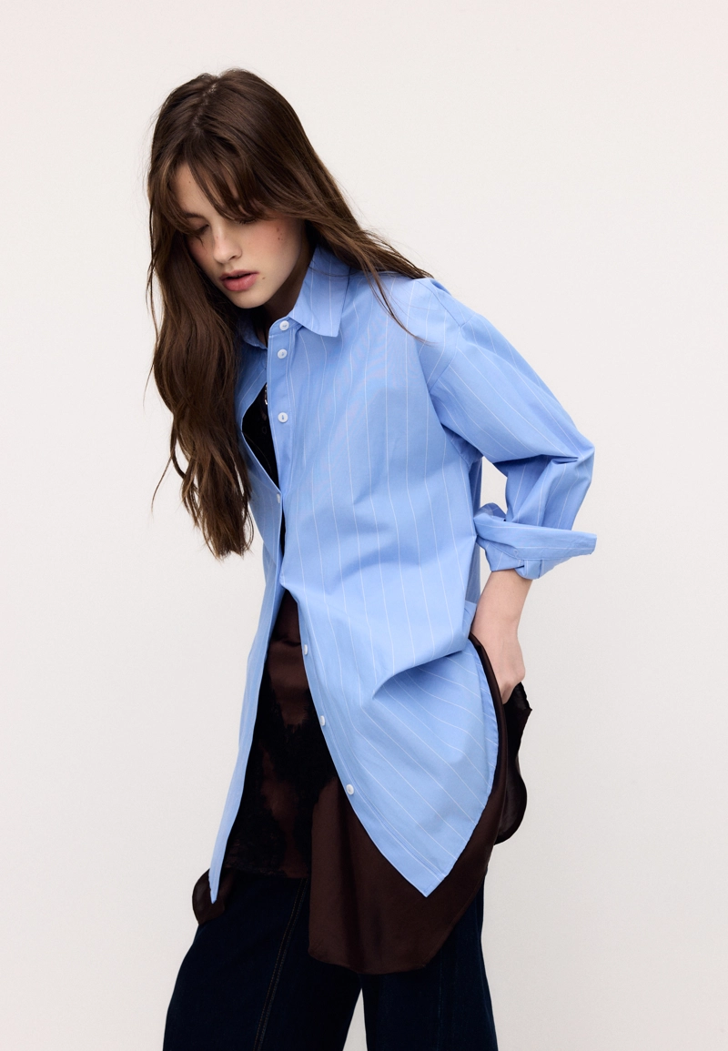 Длинная рубашка в полоску из поплина