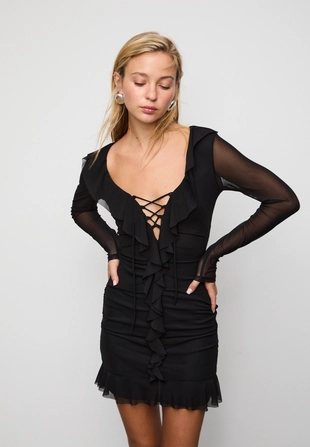 Короткое платье из полупрозрачной ткани с оборками- Заказать в России