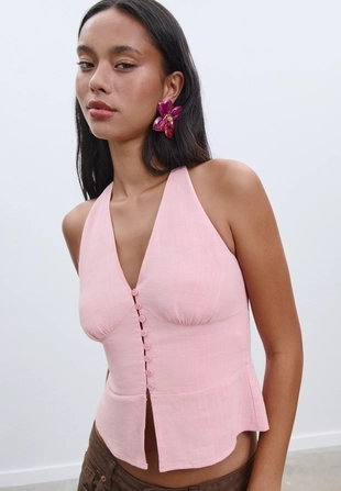 Топ с горловиной халтер, пуговицами и эффектом льна- Заказать в России