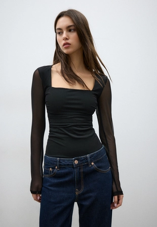 Боди из полупрозрачной ткани с квадратным вырезом- Заказать в России