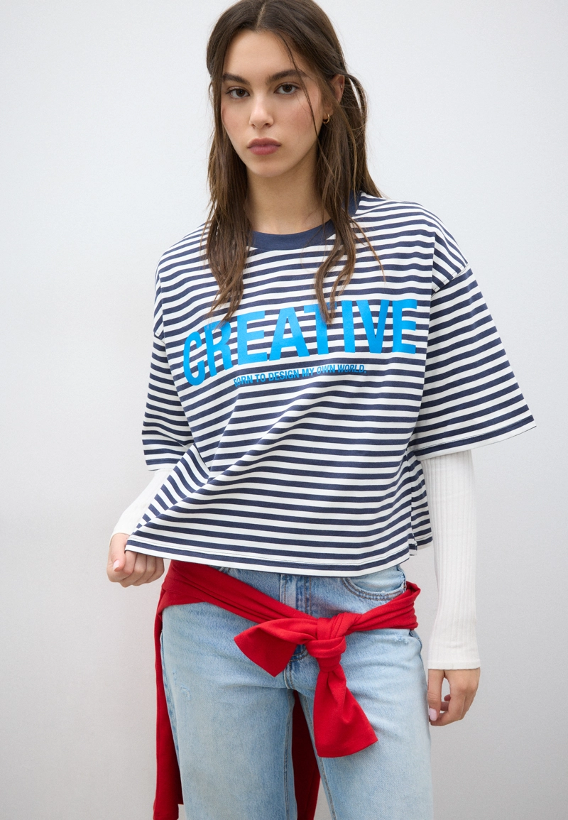 Футболка с короткими рукавами, в полоску, с принтом