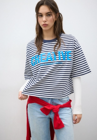 Футболка с короткими рукавами, в полоску, с принтом- Заказать в России