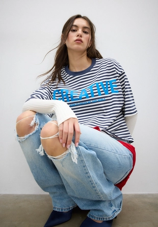 Футболка с короткими рукавами, в полоску, с принтом- Заказать в России