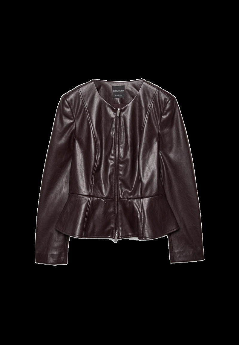 Пиджак без воротника с баской из искусственной кожи