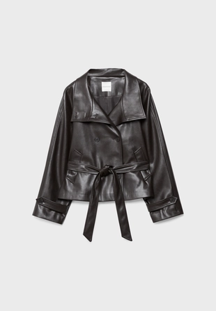 Тренч из искусственной кожи с высоким воротником- Заказать в России