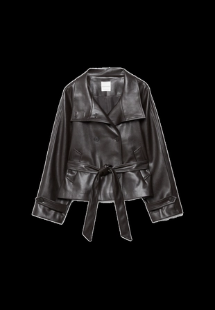 Тренч из искусственной кожи с высоким воротником- Заказать в России