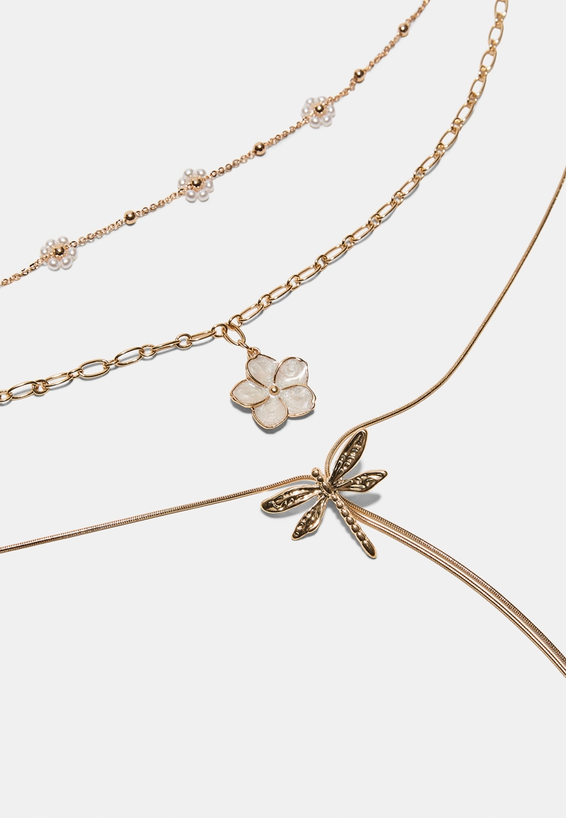 Набор из 3 колье с подвесками в виде цветка и стрекозы