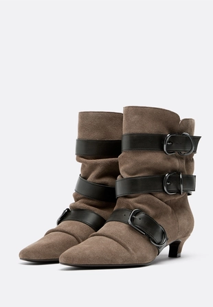 Кожаные ботильоны на среднем тонком каблуке с ремешками- Заказать в России